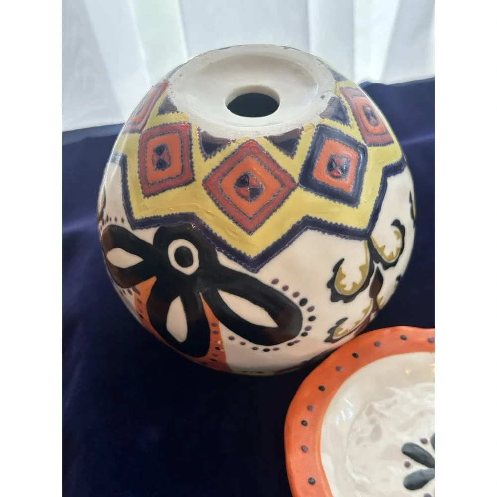 2 Ceramic Round Planters Multicolor Floral Pattern w/ Saucers Drainage Holes